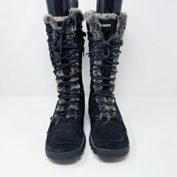 Vintage Y2K Skechers Black Lace Up Snow Boots Women's 9 Side Zip Faux Fur Lining - Picture 2 of 9